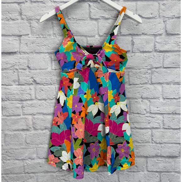 Swim Solutions One Piece Swimdress Bright Multi Floral Size 8 Slimming Bow New - Picture 2 of 7